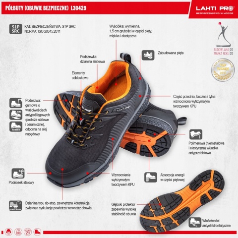 Półbuty Ochronne S1P SRC, Rozmiar 44, Czarne, Lahti
