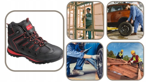 Buty robocze męskie Skóra Oxford, Czarno-Czerwone, Rozmiar 43