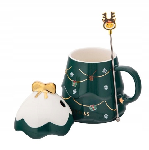 KUBEK CHOINKA ZIELONA NBC 500 ML Z POKRYWKĄ I MIESZADEŁKIEM COLOR BOX