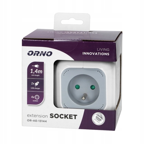 Przedłużacz 4 krotny 2P+Z, ładowarka 2xUSB, 1,4m