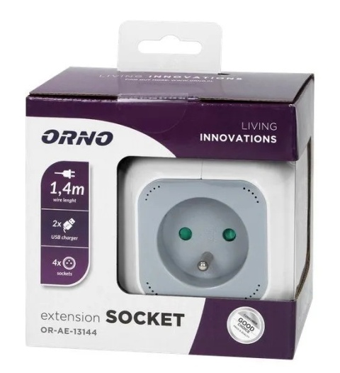 Przedłużacz 4 krotny 2P+Z, ładowarka 2xUSB, 1,4m