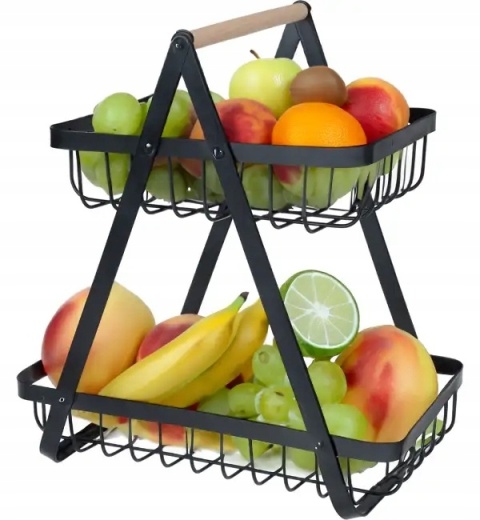 Koszyk metalowy dwa poziomy z bambusową rączką czarny