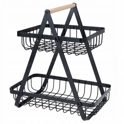 Koszyk metalowy dwa poziomy z bambusową rączką czarny