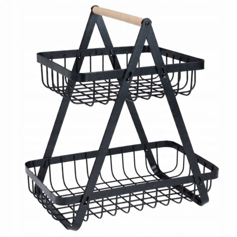 Koszyk metalowy dwa poziomy z bambusową rączką czarny