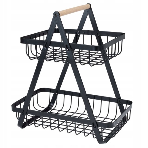Koszyk metalowy dwa poziomy z bambusową rączką czarny