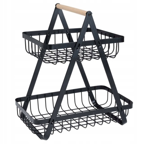 Koszyk metalowy dwa poziomy z bambusową rączką czarny