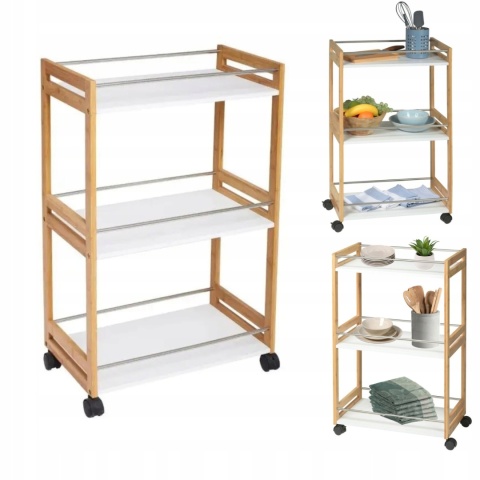 MOBILNY REGAŁ BAMBUSOWY NA KÓŁKACH KUCHENNY ŁAZIENKOWY 3 PÓŁKOWY NATURALNY