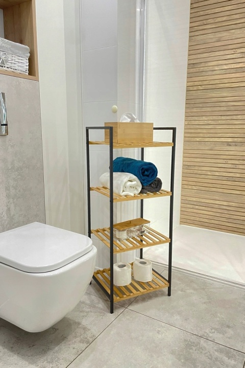 Regał łazienkowy 4 poziomy bambus i metal