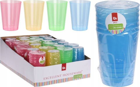 Plastikowe kubki 280ML różne kolory 6 sztuk