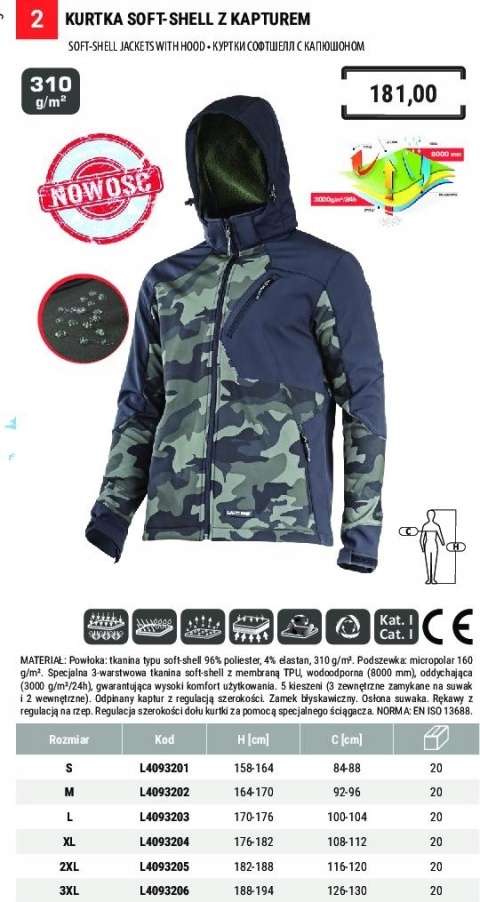 KURTKA SOFTSHELL Z KAPT. MORO ZIEL.-CZAR., "2XL", CE, LAHTI