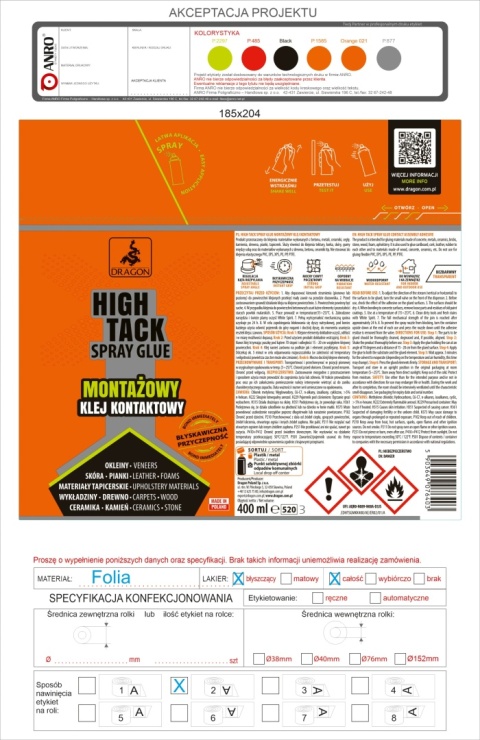 DRAGON HIGH TACK SPRAY GLUE MONTAŻOWY KLEJ KONTAKTOWY 400ML PUSZKA AER