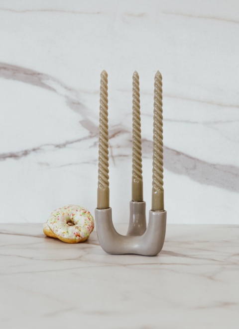Świecznik szary do długich świec 3 ceramiczny boho